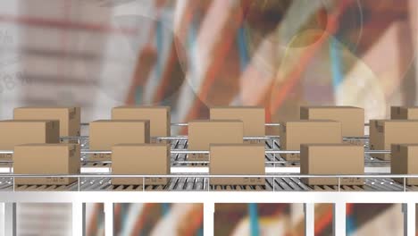 Animation-of-statistics-processing-over-cardboard-boxes-on-conveyor-belts