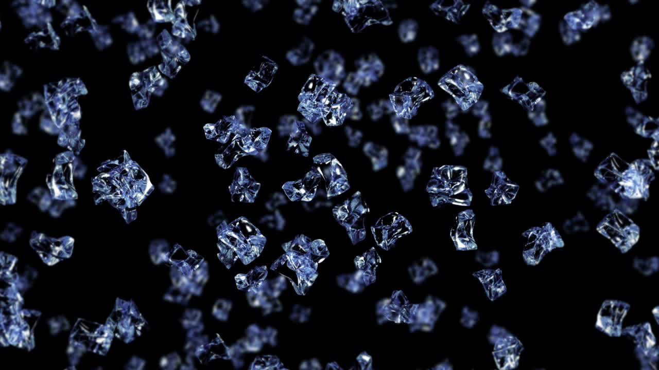 검은색 바탕에 많은 깨한 얼음 큐브를 날아. 부서진 얼음 조각, 자연 물. 부러진 얼음의 3d 애니메이션 회전. 루프 애니메이션.