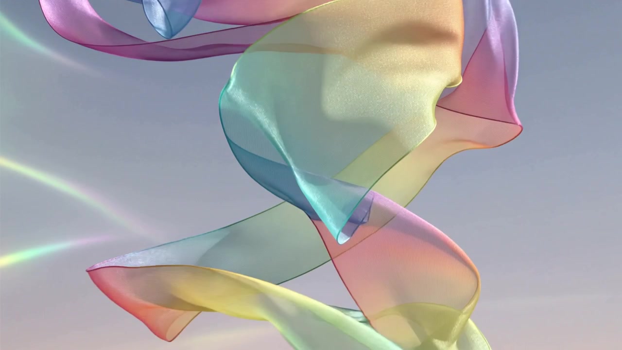 Floating iridescent ribbon fabric twisting, unfurling in soft gradient sky with lens flare