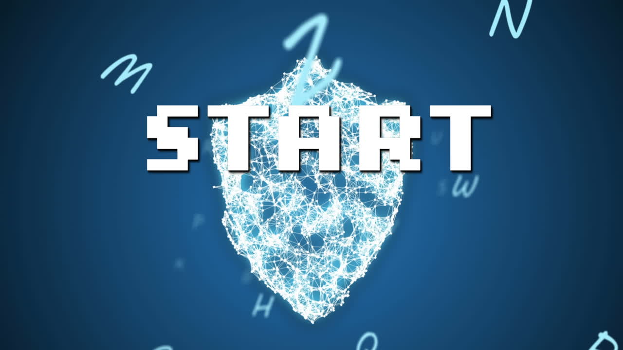 Animation of start text over network of connections and letters on blue background