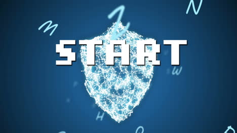 animation of start text over network of connections and letters on blue background