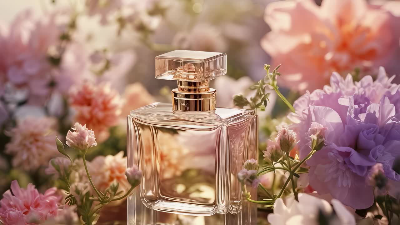 Transparent glass perfume bottle exuding elegance and sophistication, nestled amidst a vibrant array of colorful flowers, creating a captivating scene of beauty and fragrance