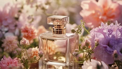 transparent glass perfume bottle exuding elegance and sophistication, nestled amidst a vibrant array of colorful flowers, creating a captivating scene of beauty and fragrance