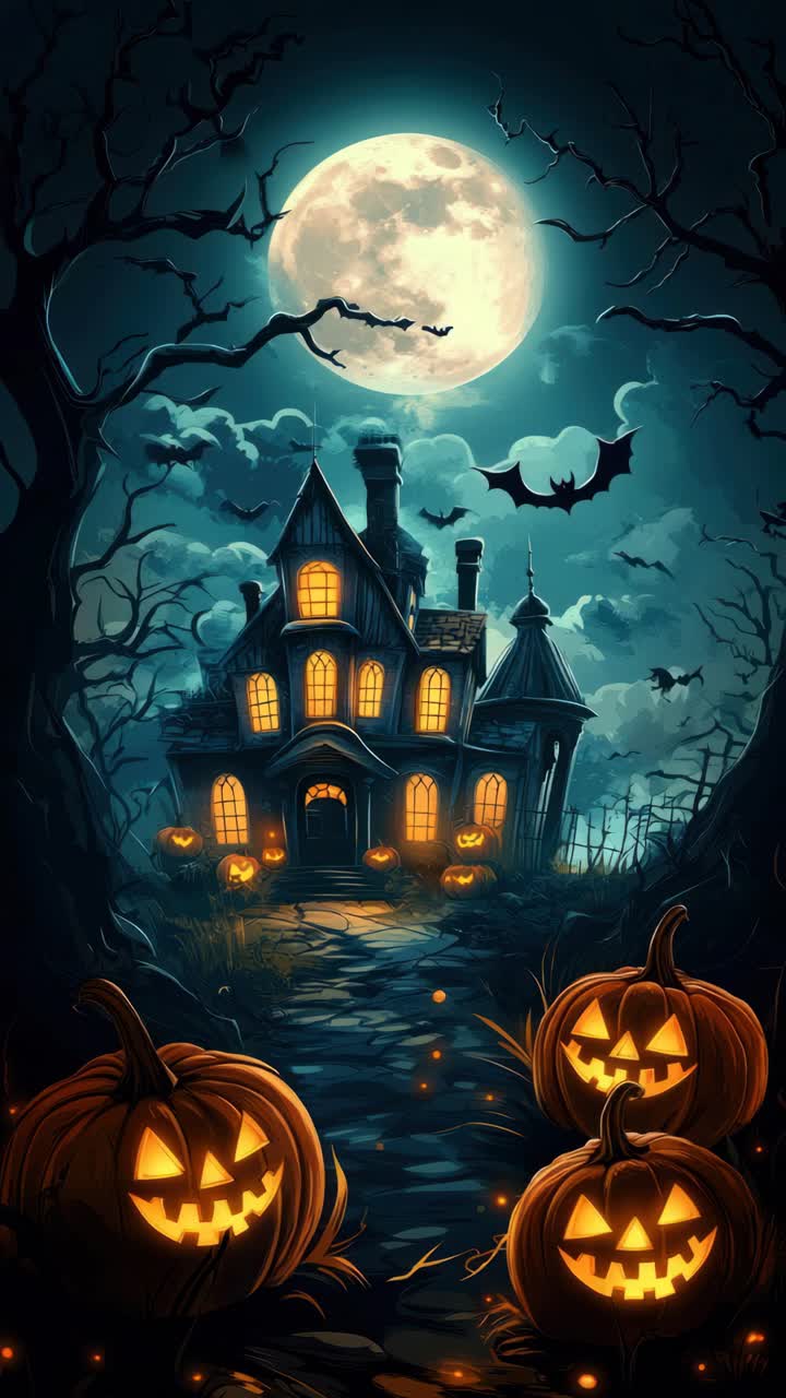 Scena spettrale di Halloween con una casa infestata, zucche luminose e luna piena