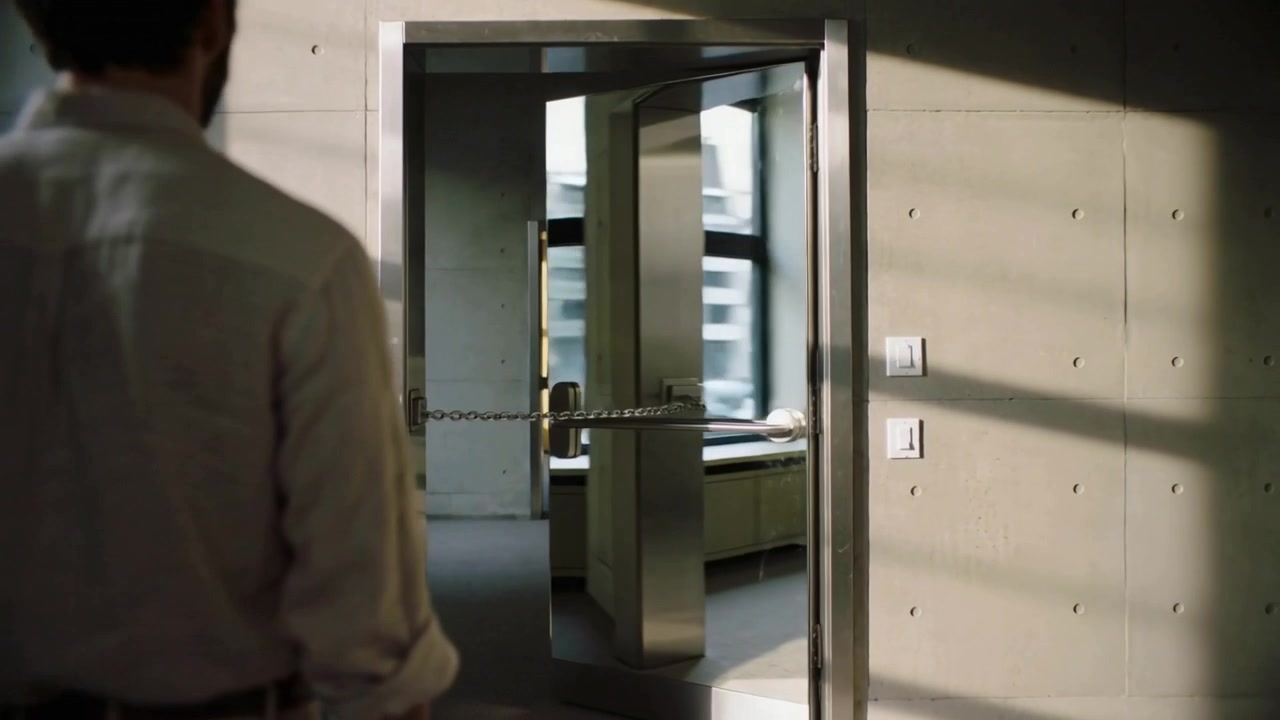 Camera advancing, man in light shirt and pants standing in concrete doorway, chain blocking access