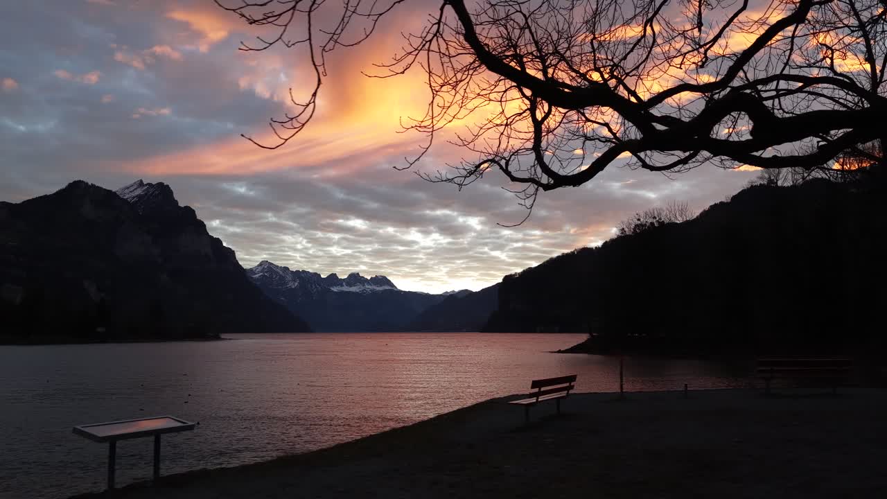 Walensee Gölü üzerinde şiirsel bir gün batımı. Silüet banklar ve budaklı bir ağaç, parıldayan gökyüzünü ve İsviçre Alpleri'ni çerçeveleyerek sakinlik, nostalji ve sessiz bir hayranlık hissi uyandırıyor