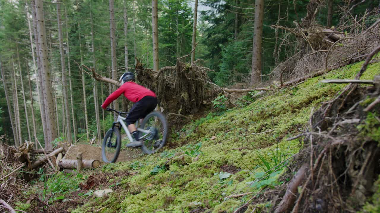 un ciclista de montaña monta una característica creativa en un bosque