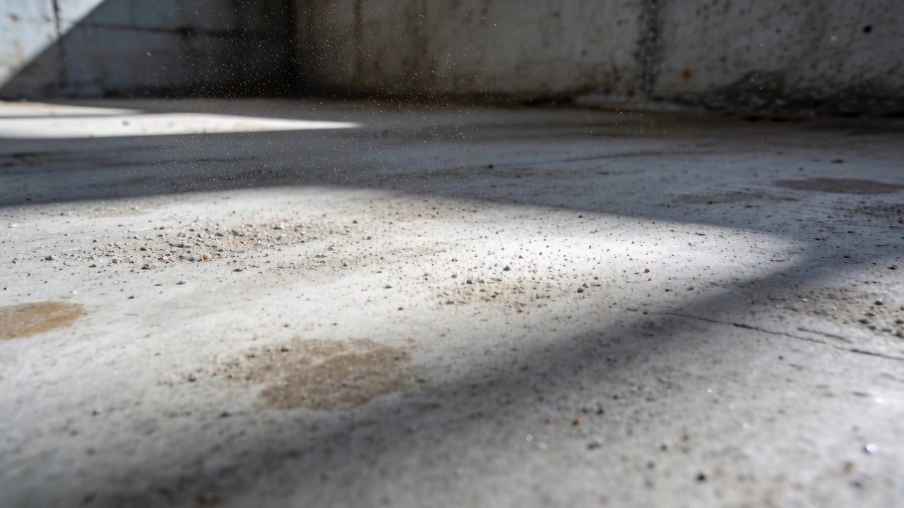 Et bevægende kamera skifter fokus i et ufærdigt rum og fremhæver gulvgrus og to pletter til inspektion.