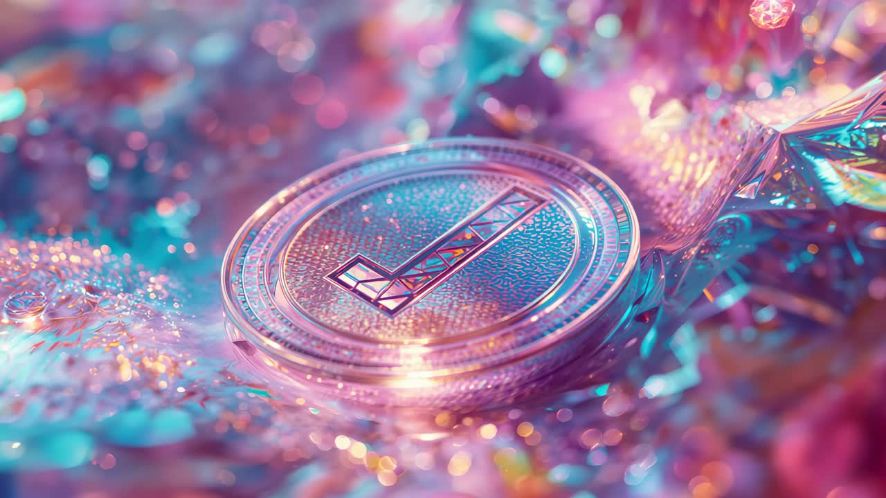 Tilting metal token rotating on mylar as camera drifts, revealing geometric inlay and color glints