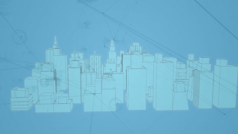 animation of network of connections and data processing over city on blue background