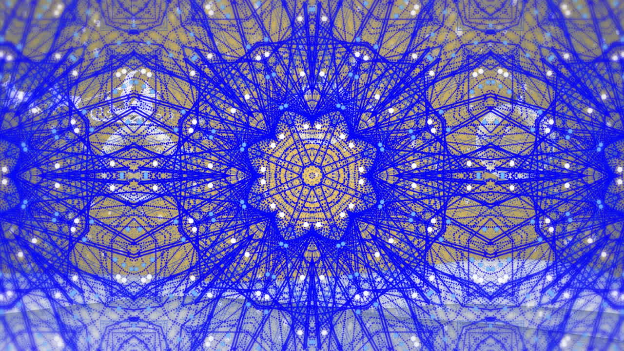 눈이 떨어지고 겨울 풍경 위에 걸려있는 구슬에 대한 칼레이도스코프 패턴