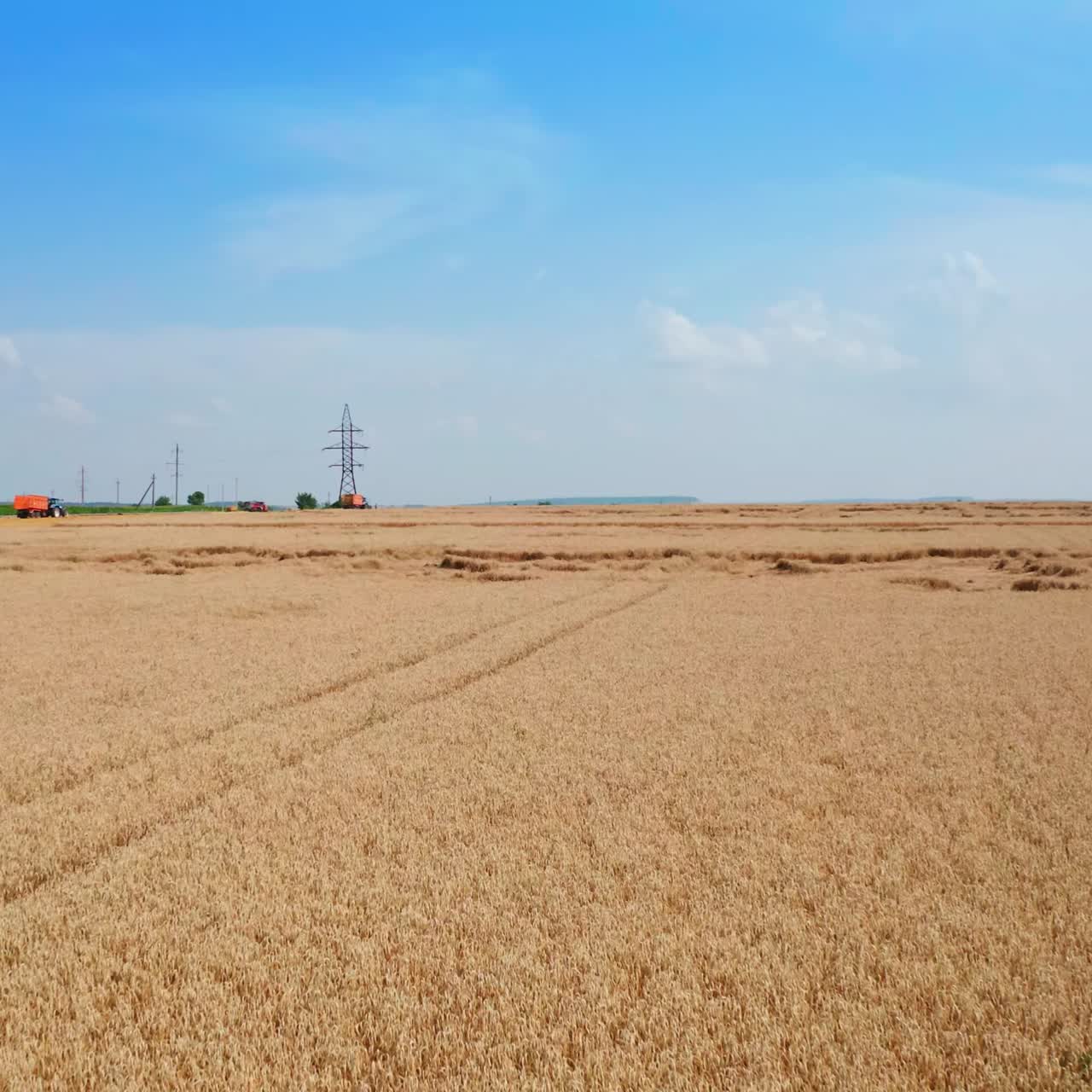 Ripe dry barley field on summer season. Agricultural machines picking up straw bales on a mowed field. Drone shot