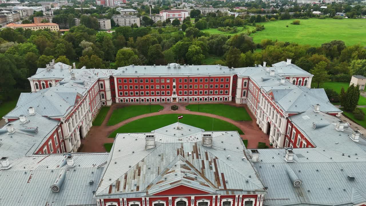 Aerial view of Jelgava Palace, showcasing historic architecture in Latvia