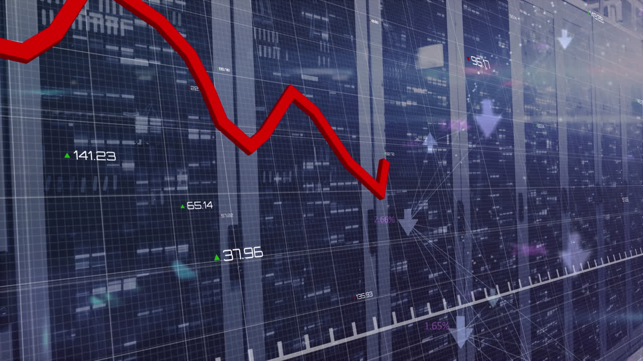 Animation of red line and data processing over computer servers