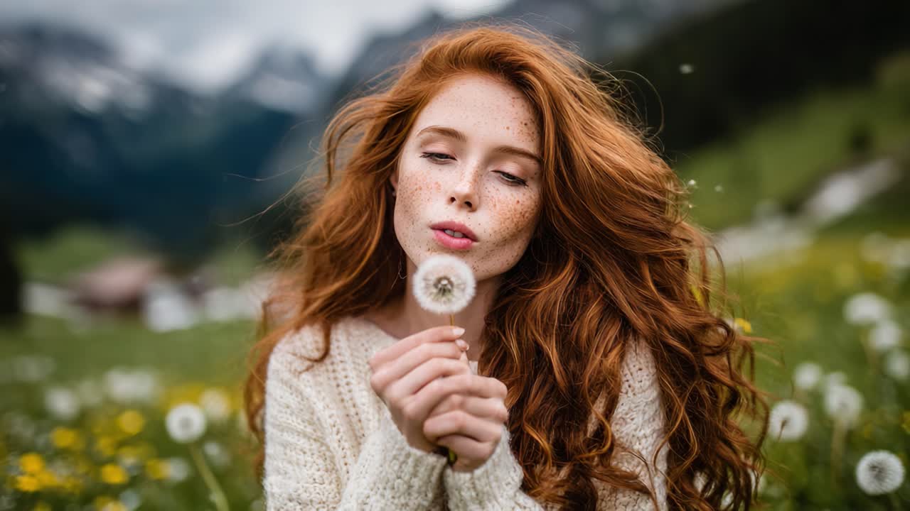 A Reflective Moment in Nature: A Young Woman with Freckles and Lush Red Hair Gently Holds a Dandelion Puff in a Green Field Surrounded by Mountains Under an Overcast Sky