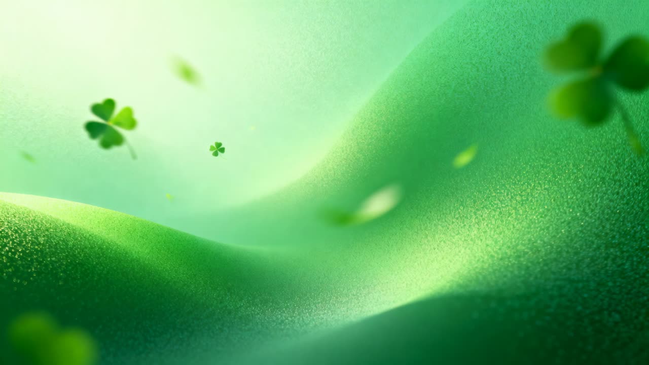 Drifting clover leaves moving across rolling green hills, lifted by soft breeze and sunlight
