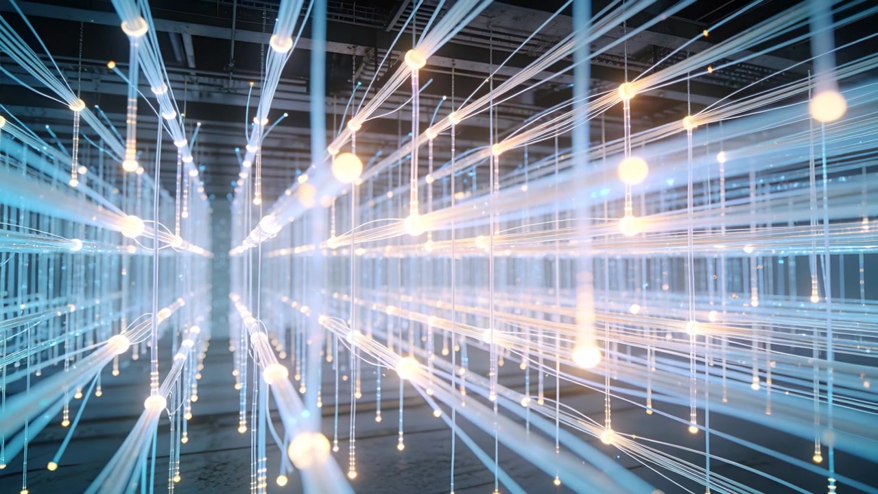 Moving camera revealing LED strand display in warehouse, nodes forming streaks showing color shift
