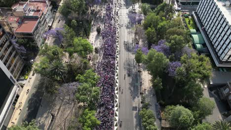 Drone-Aerial-view-March-8th-Women's-Day-march,-Mexico-City