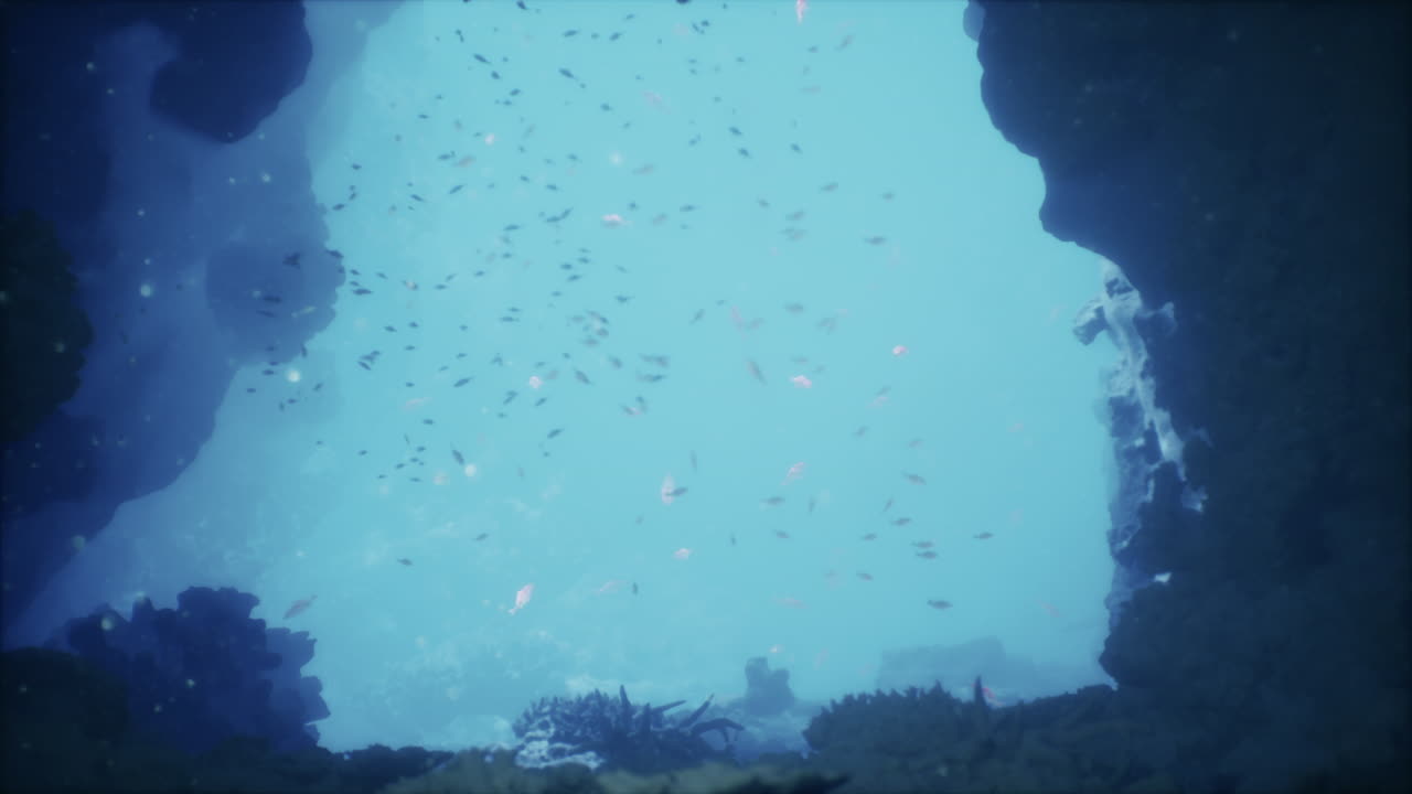 정오에 조용한 수중 동굴에서 활기찬 해양 생명을 탐구하는 것