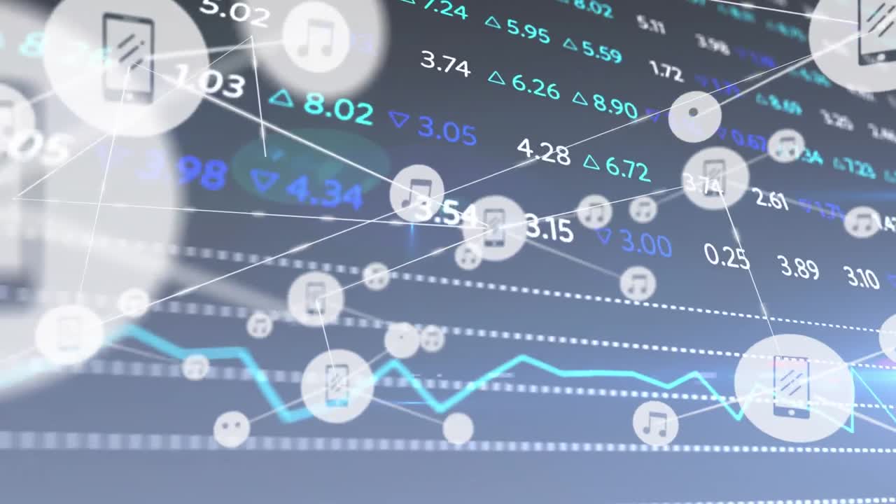 파란색 배경에 대한 증권 시장 데이터 처리에 대한 디지털 아이콘 네트워크의 애니메이션