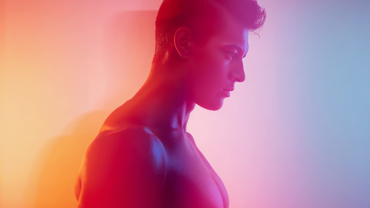 Shirtless male model holding profile pose in studio, showing muscle contours under colored lights