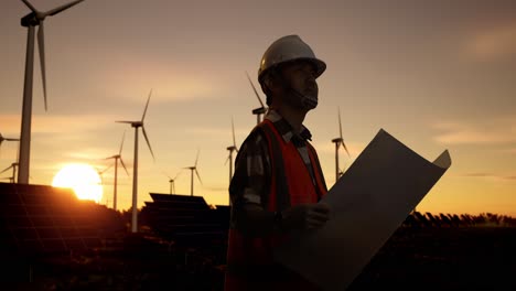 engineer reviewing plans at a wind and solar farm at sunset