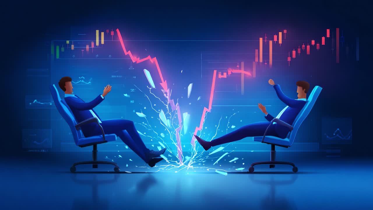 Dynamic Market Shift: Two Traders in Blue Suits React to a Sudden Change as They Face a Breaking Chart While Seated on Modern Office Chairs in a Digital Trading Environment