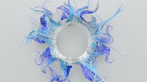 radial twisted flowing white and blue lines on white background.