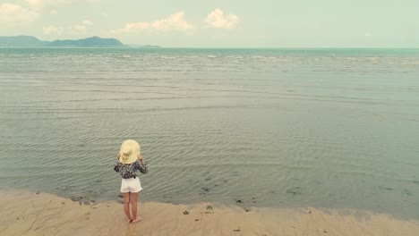 4k woman walk on the beach, foot print on sand texture and coconut tree on the beach photo by drone.