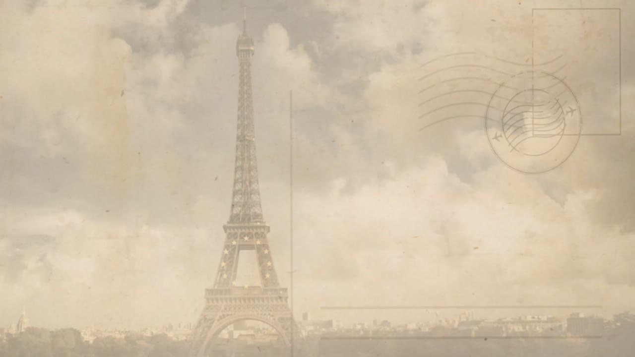 Animation of retro huge sale text on blue squares with eiffel tower in background