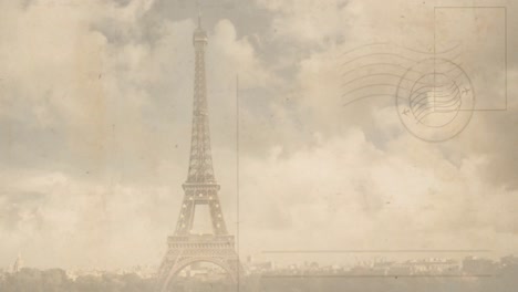 Animation-Von-Retro-Riesenverkaufstext-Auf-Blauen-Quadraten-Mit-Eiffelturm-Im-Hintergrund