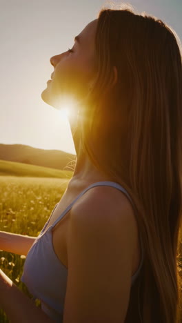 mujer en un campo al atardecer