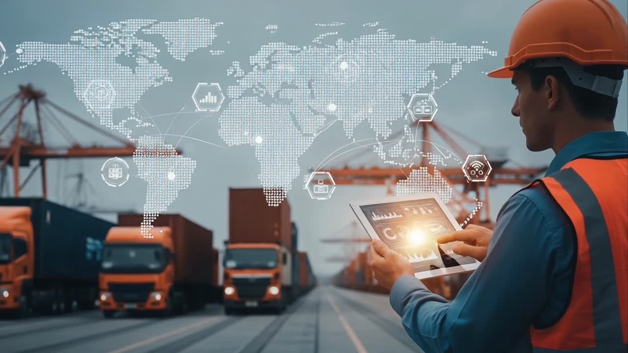 Logistics Manager Tracking Global Supply Chain on a Tablet at a Container Port