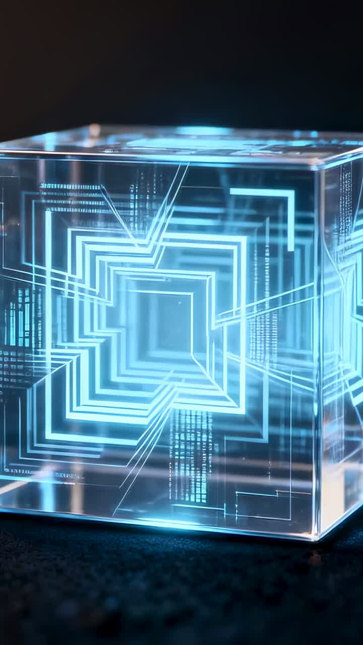 Vertical video: Framing glass cube rotating on dark mat, neon nested squares pulsing showing depth