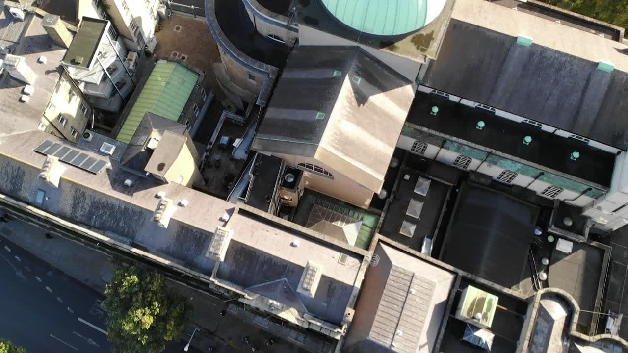 Birds eye look down over the roof of Church of the Immaculate Conception in Dublin City, Ireland