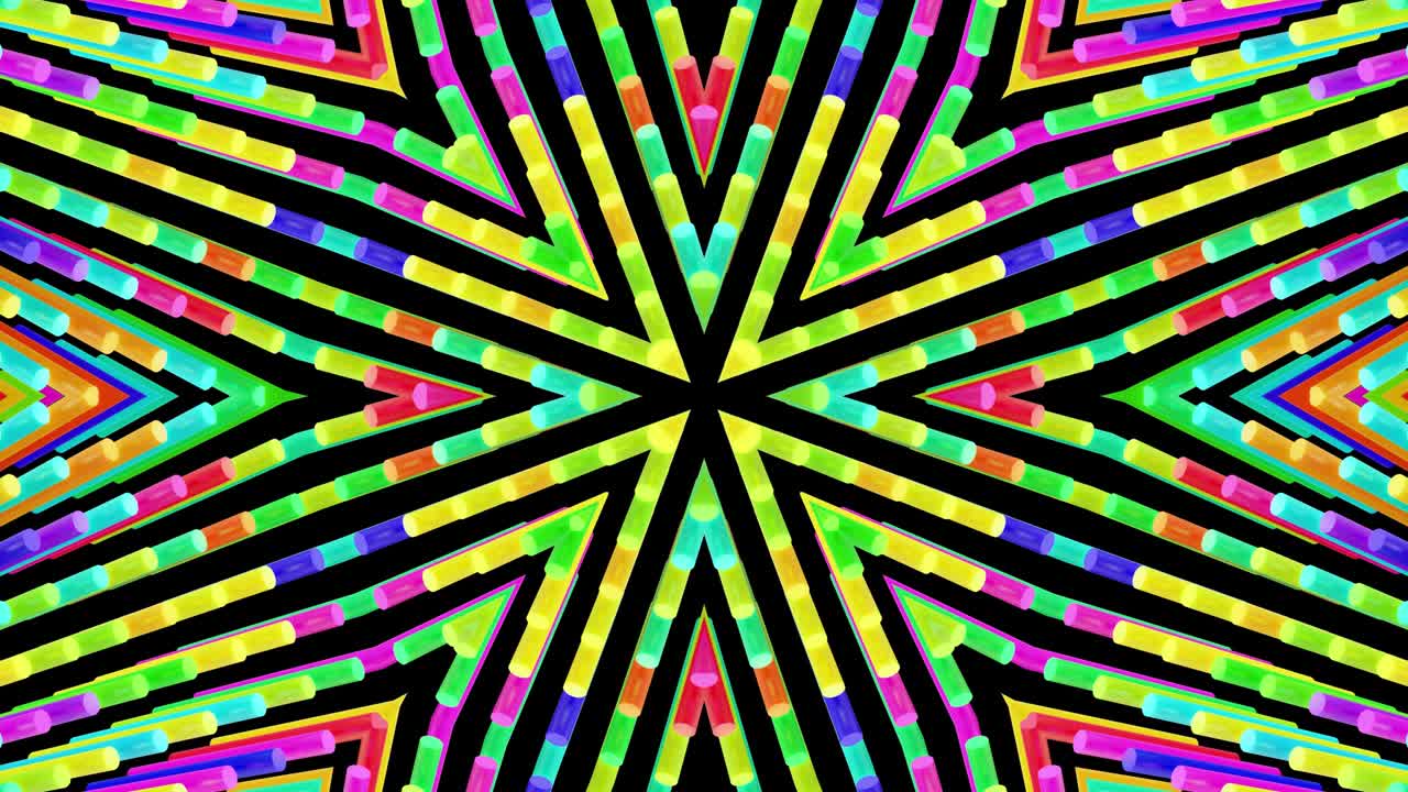 composición simétrica abstracta, elementos 3d se iluminan como bombillas con luz de neón multicolor. bg en bucle para espectáculos o eventos, exposiciones, festivales o conciertos, videos musicales, dj o vj para clubes nocturnos.