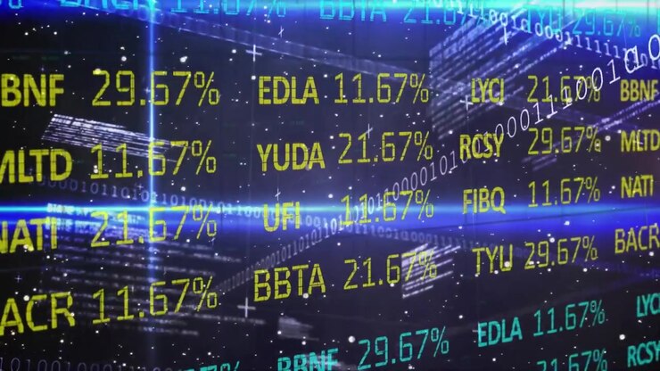 Statistiche del mercato azionario con numeri blu o gialli ed elementi visivi a tema tecnologico su sfondo nero.