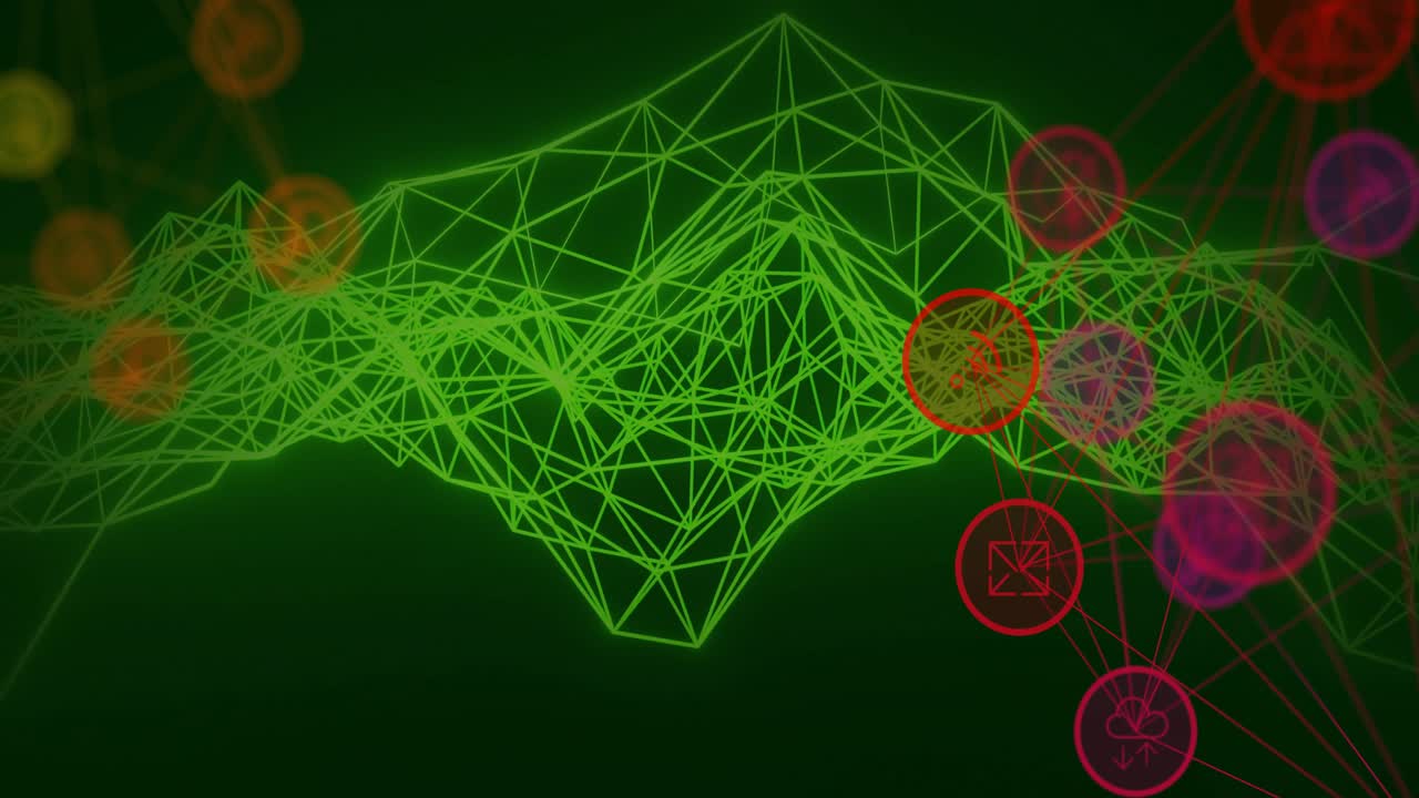Neon green wireframe mesh undulating with red magenta nodes pulsing showing data network patterns