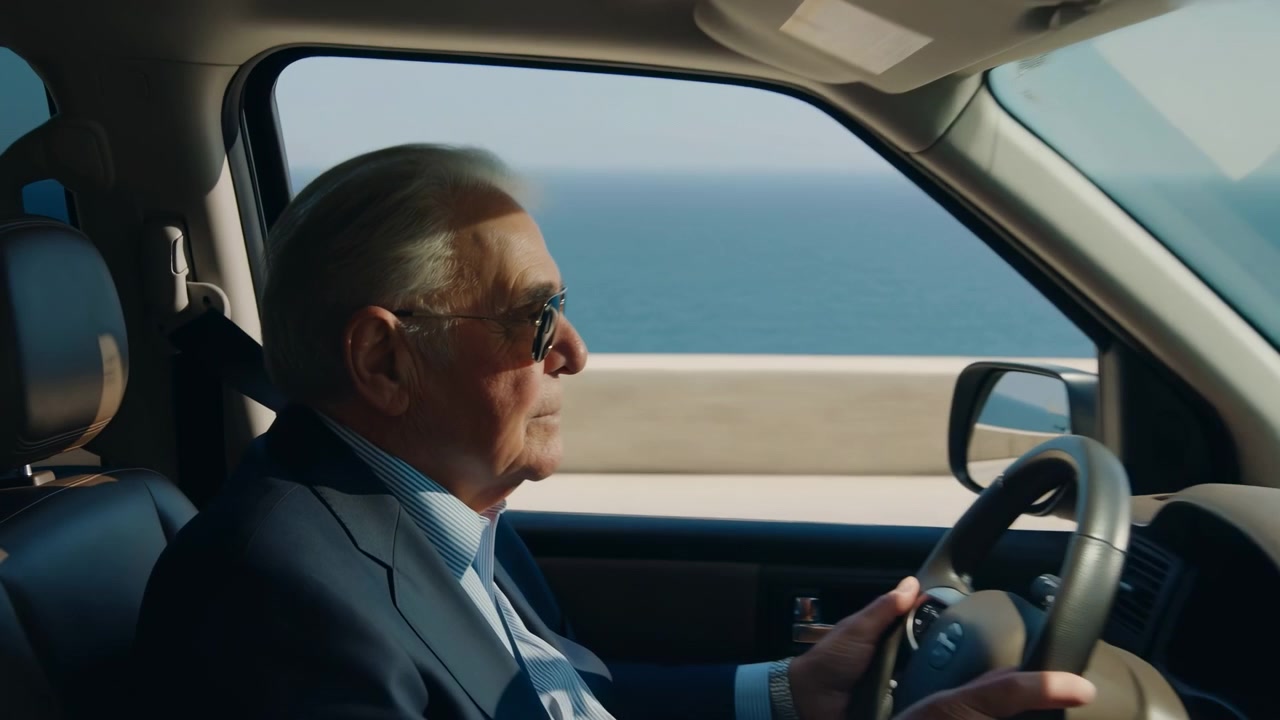 Side profile shows mature driver focused ahead as vehicle moves beside open blue water, with sunlight filling dark interior and roadside barrier sliding past outside.