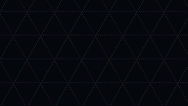 Digital neon triangles pattern in rows with neon dots on dark gradient