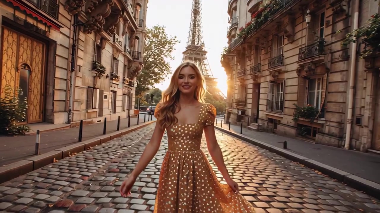 Filmisk optagelse af en smilende blond kvinde i en sommerkjole, der går på en brostensbelagt gade med Eiffeltårnet i baggrunden under den gyldne time i Paris, Frankrig.