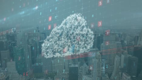 Animation-of-digital-cloud-and-numbers-over-citycape