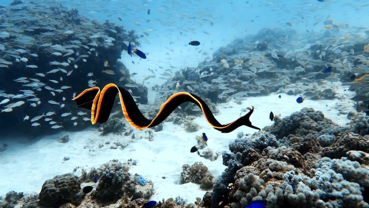 Murena a nastro nera che scivola su un luminoso fondale sabbioso tra formazioni coralline e banchi di pesci nelle acque subacquee tropicali di Mauritius.