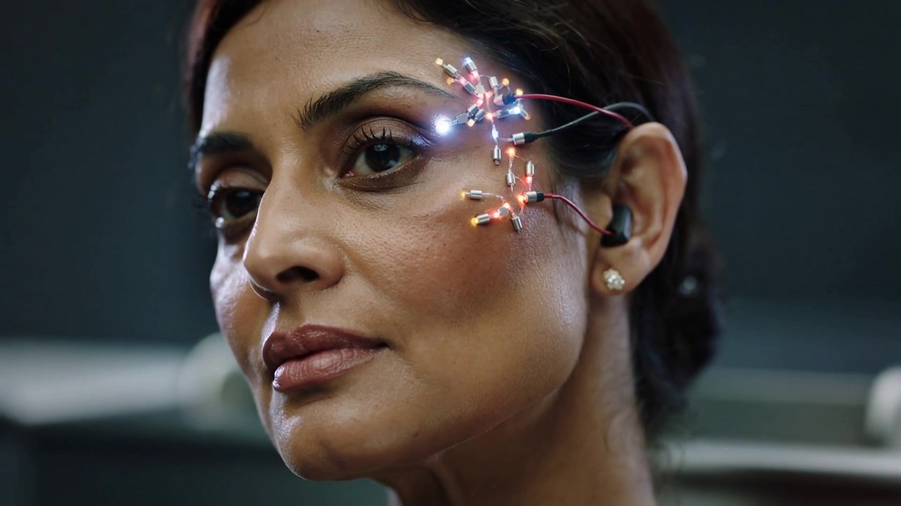 Showing midlife Indian woman sitting in lab while signal powering LED cluster pulsing for demo