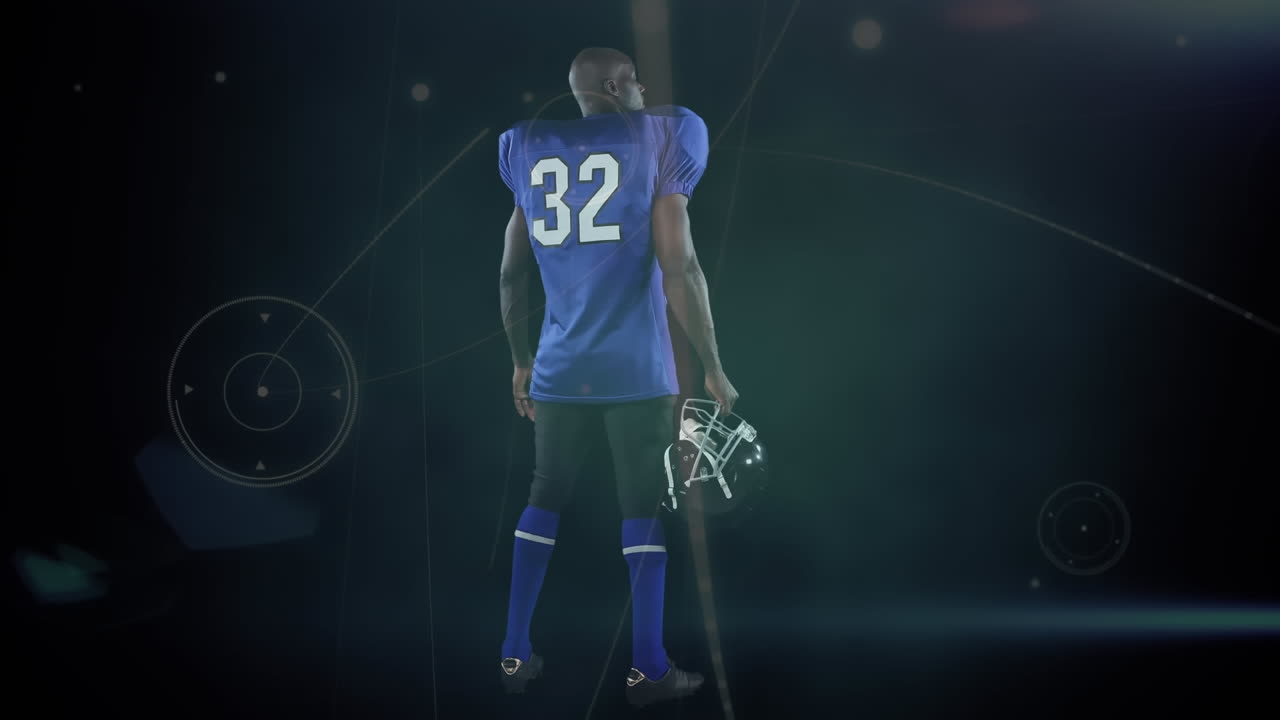 검은색 배경에 있는 아메리칸  ⁇ 볼 선수에 대한 연결 네트워크의 애니메이션