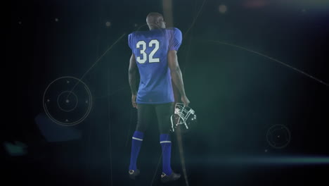 animation of network of connections over american football player on black background