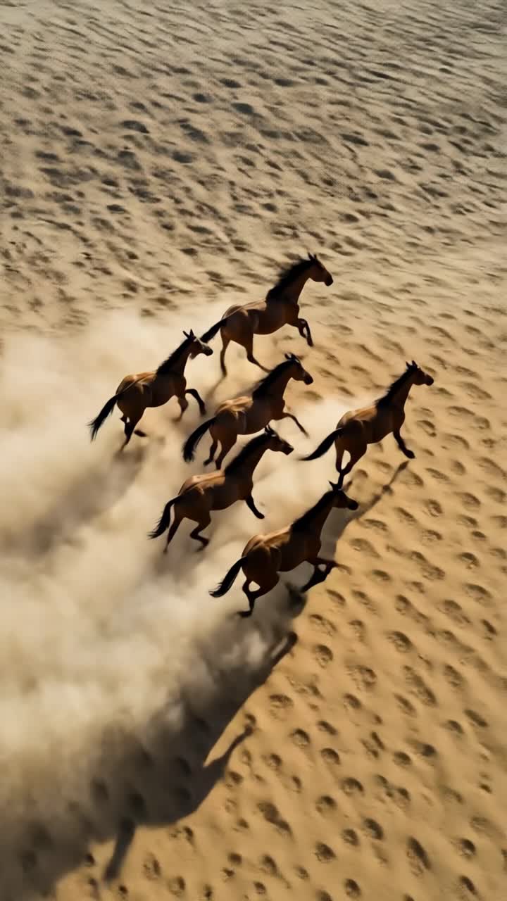 Aerial view of wild horses galloping across a sandy desert, creating dynamic motion