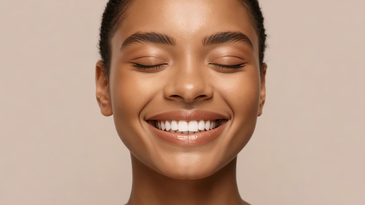 Smiling woman after camera cue, turning head and opening eyes for studio portrait, with dewy makeup
