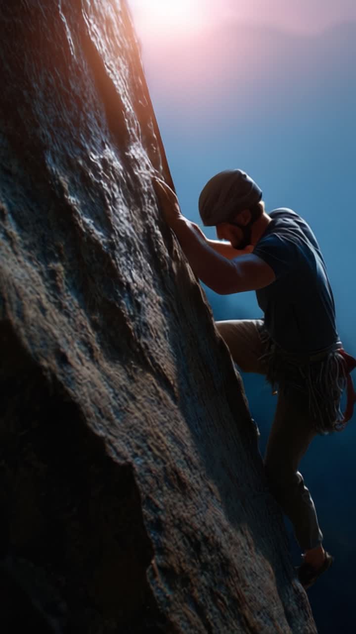 A devoted rock climber ascends a dramatic cliff face, showcasing their skills and endurance against a backdrop of stunning natural beauty and a vibrant sky