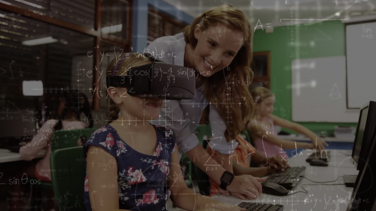 niña con auriculares virtuales mientras un adulto la guía